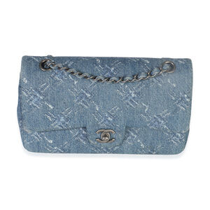 Chanel Blue Bleached Chain Printed Denim Medium Classic Double Flap Bag